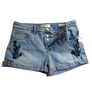 PacSun Womens MId Rise Girlfriend Shorts Button Fly Embroidered Shorts Denim Blu